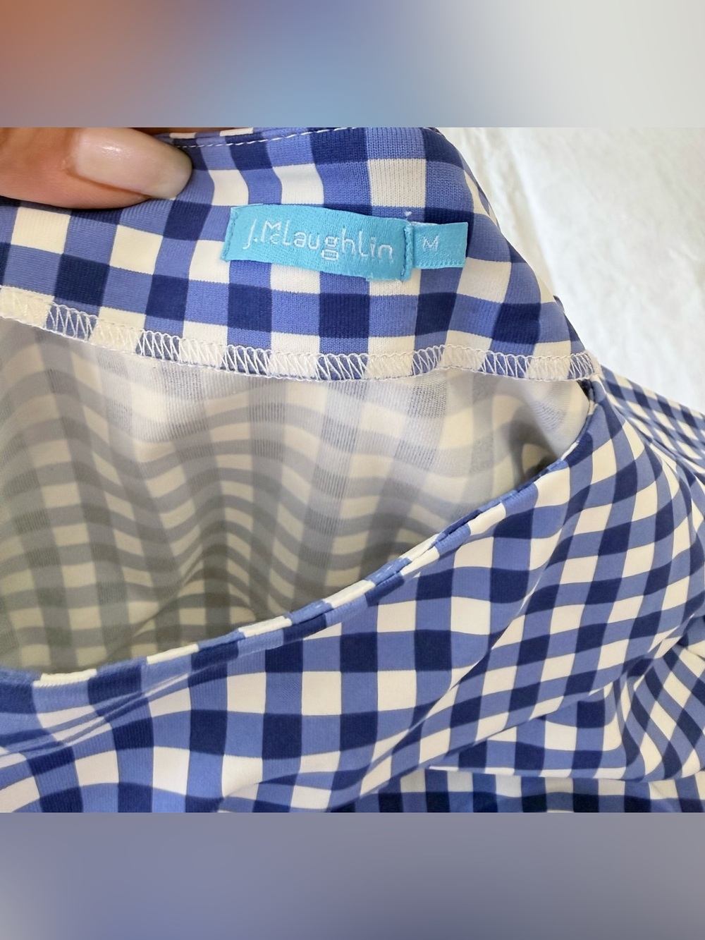 J. McLaughlin | SZ Medium | Blue White Gingham Top | 3/4 Sleeve Catalina Cloth - Picture 7 of 7